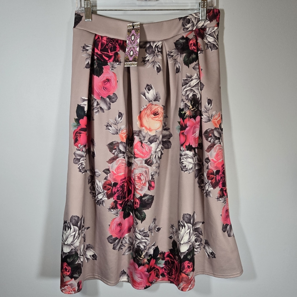 New! Boohoo‎ Floral Scuba Midi Skirt Women's Size 12 A-Line Stretchy